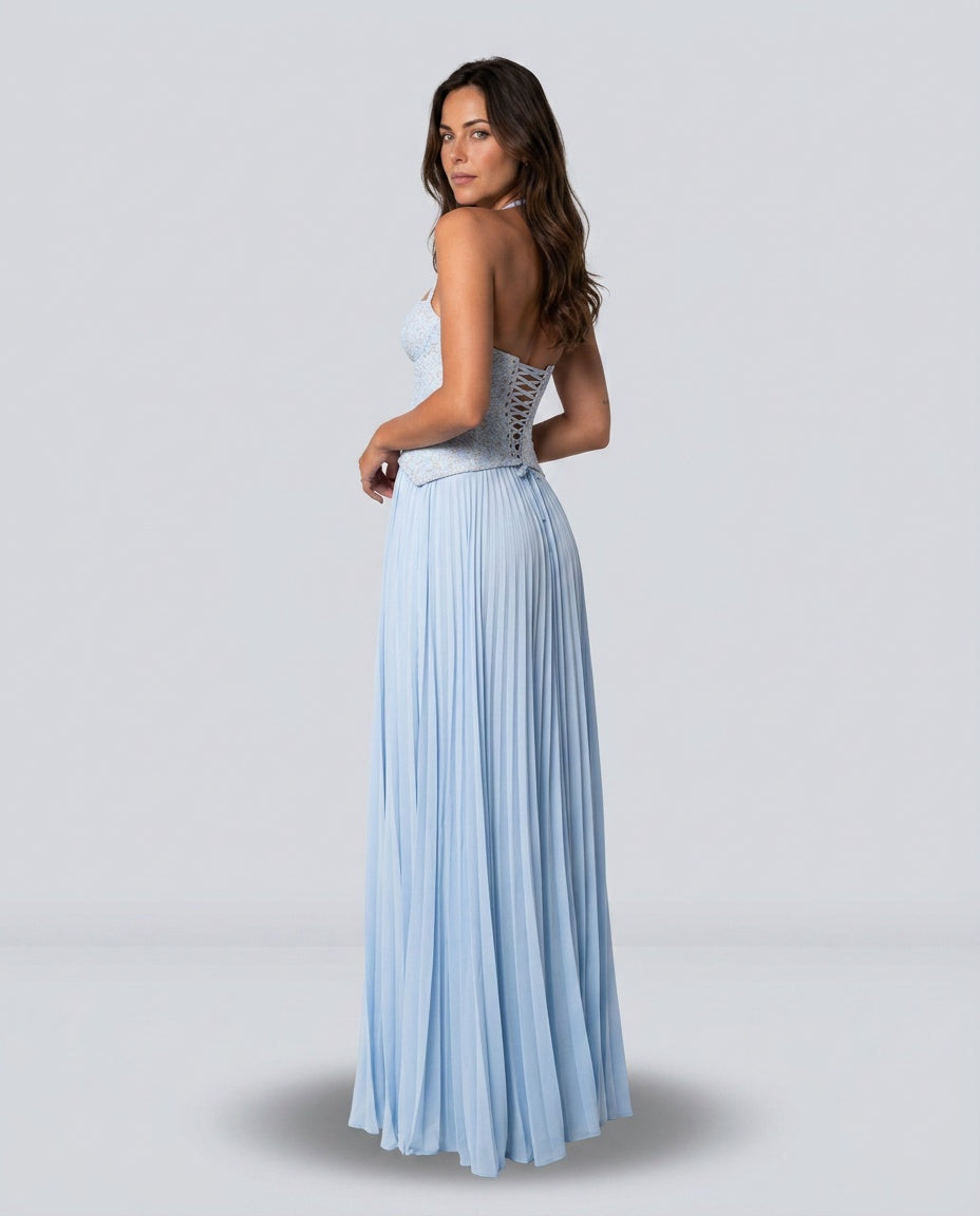 Seraphina Sweetheart Lace Splice Pleated Chiffon Maxi Dress in Blue