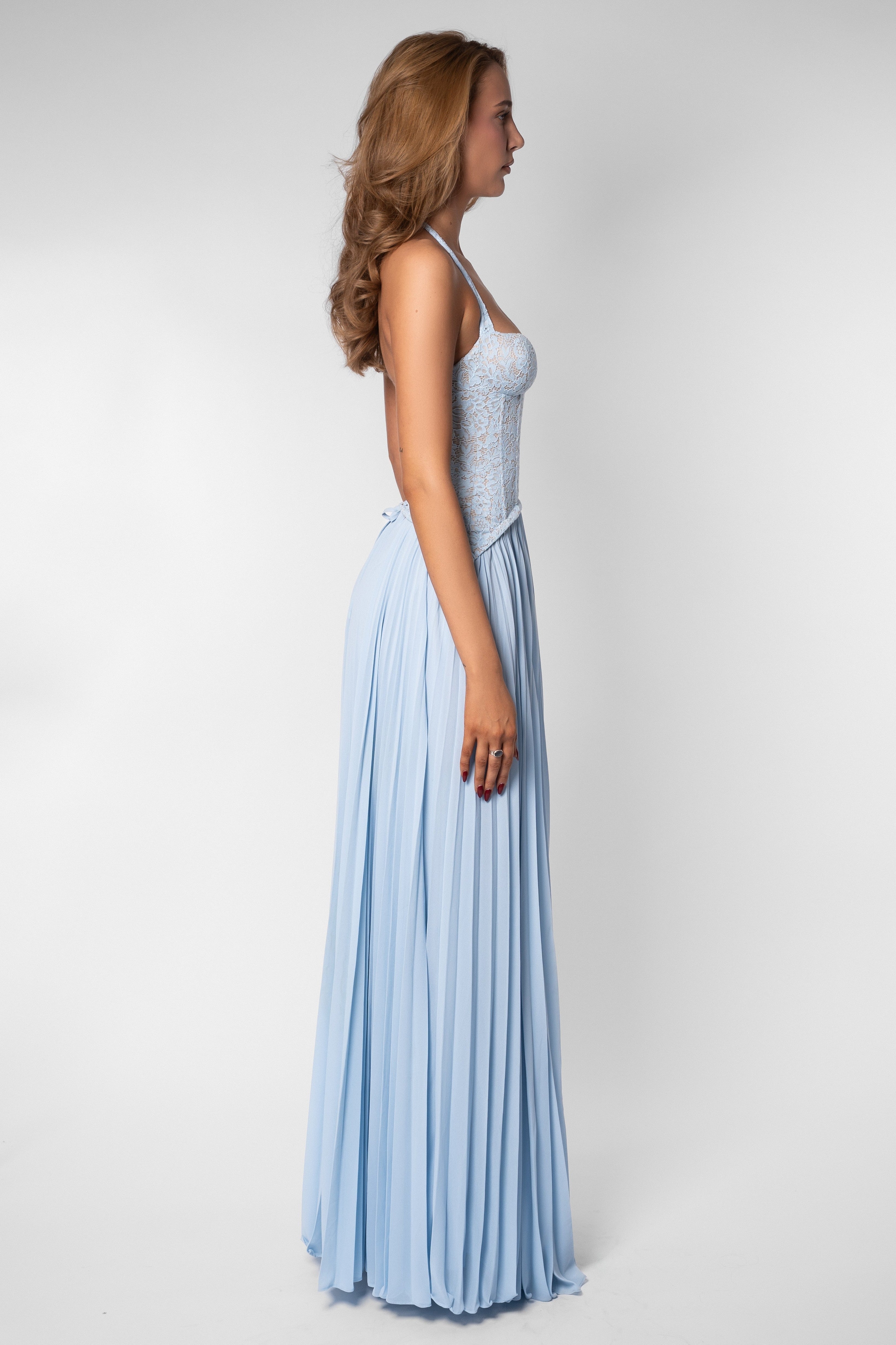 Seraphina Sweetheart Lace Splice Pleated Chiffon Maxi Dress in Blue