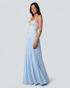 Seraphina Sweetheart Lace Splice Pleated Chiffon Maxi Dress in Blue