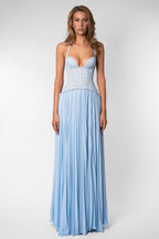 Seraphina Sweetheart Lace Splice Pleated Chiffon Maxi Dress in Blue