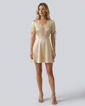 Serene V Neck Satin Look Mini Dress with Lace Trim in Apricot