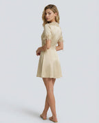 Serene V Neck Satin Look Mini Dress with Lace Trim in Apricot