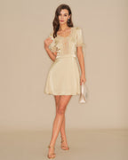 Serene V Neck Satin Look Mini Dress with Lace Trim in Apricot