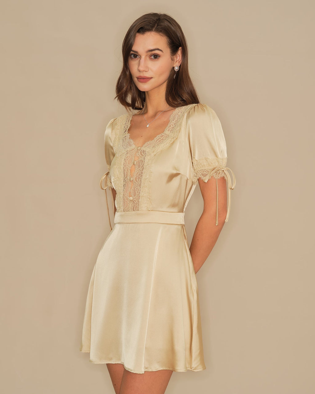 Serene V Neck Satin Look Mini Dress with Lace Trim in Apricot