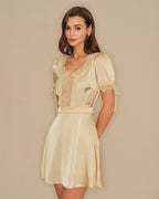Serene V Neck Satin Look Mini Dress with Lace Trim in Apricot
