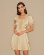 Serene V Neck Satin Look Mini Dress with Lace Trim in Apricot