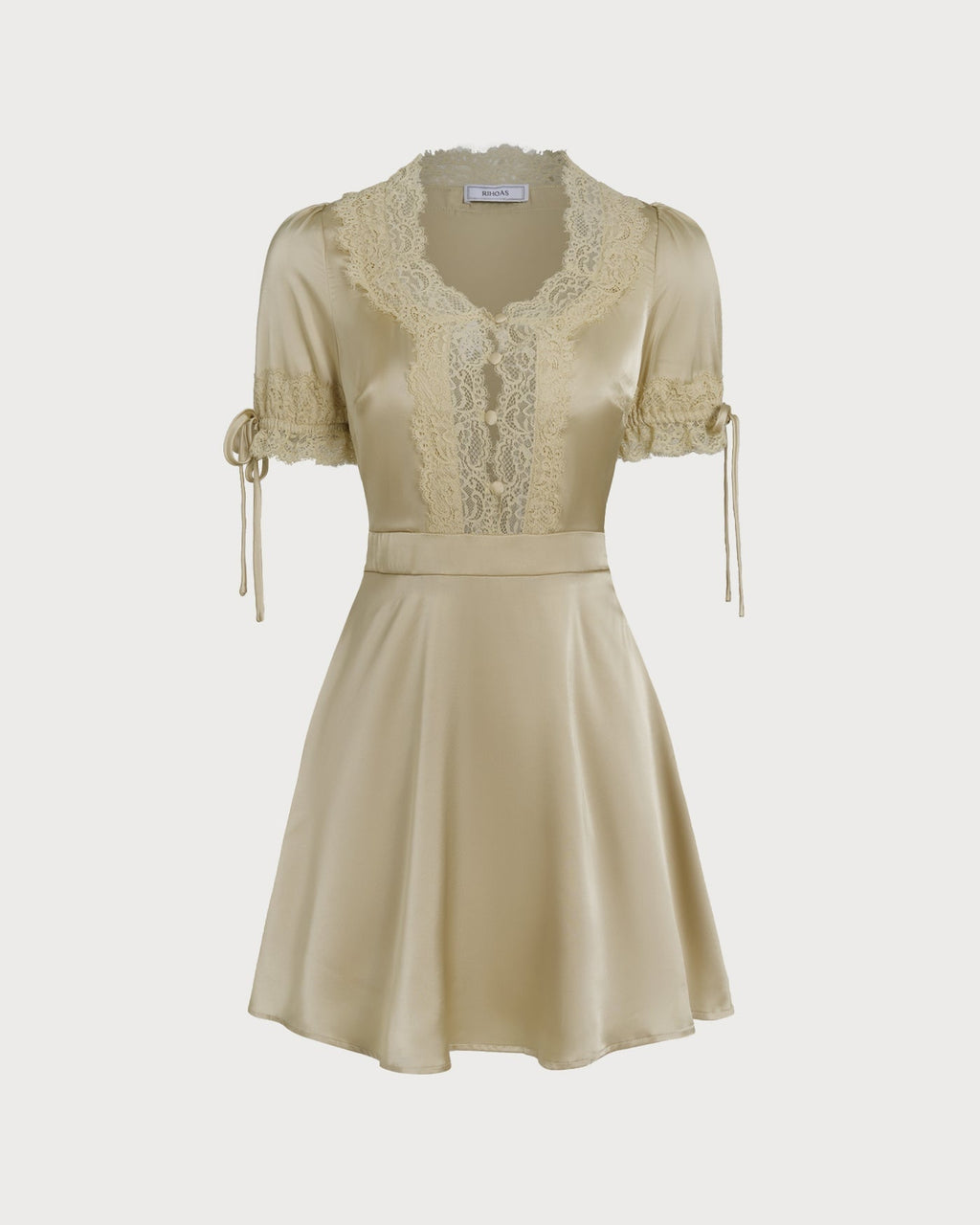 Serene V Neck Satin Look Mini Dress with Lace Trim in Apricot