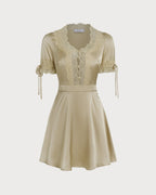 Serene V Neck Satin Look Mini Dress with Lace Trim in Apricot