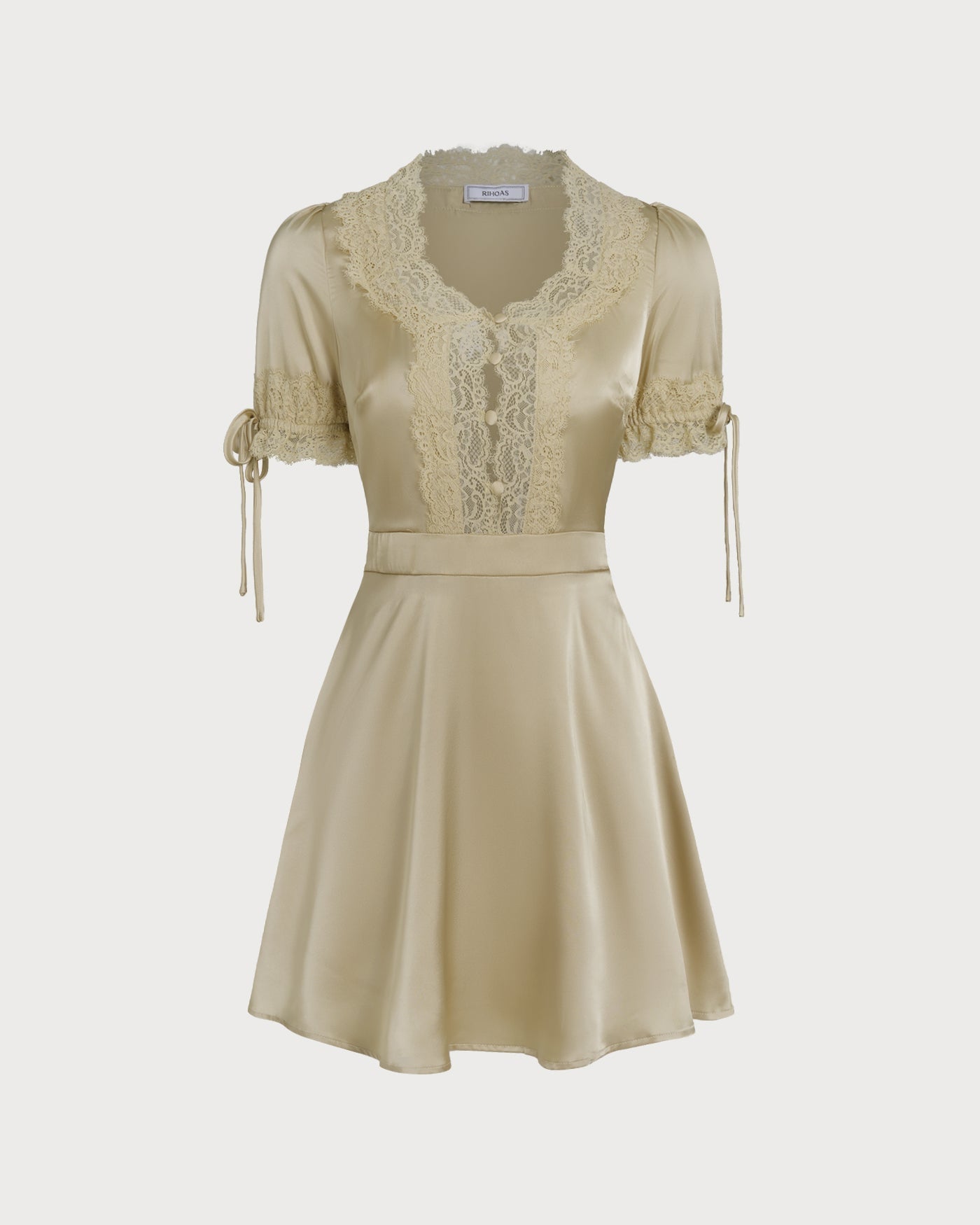 Serene V Neck Satin Look Mini Dress with Lace Trim in Apricot