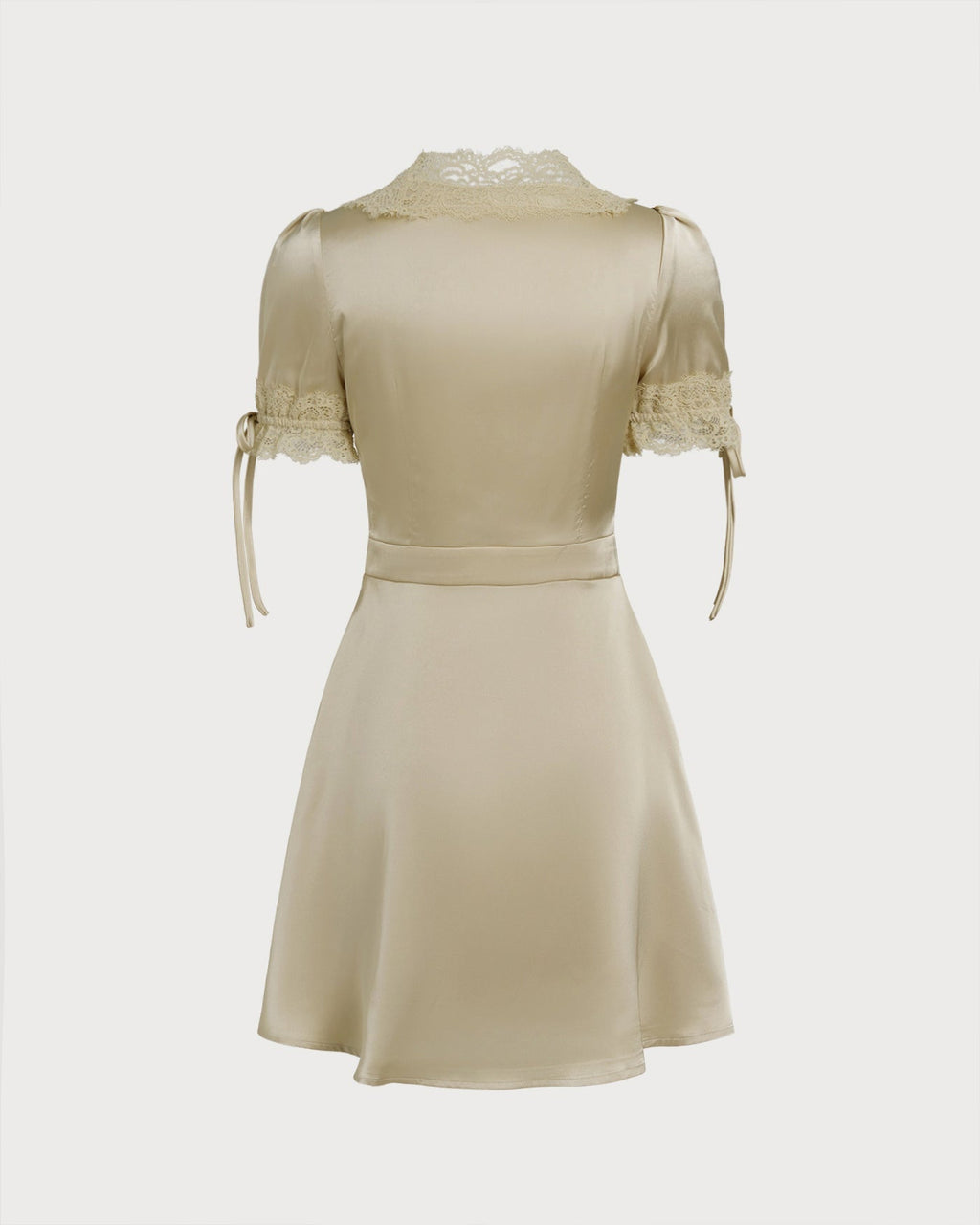 Serene V Neck Satin Look Mini Dress with Lace Trim in Apricot