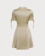 Serene V Neck Satin Look Mini Dress with Lace Trim in Apricot
