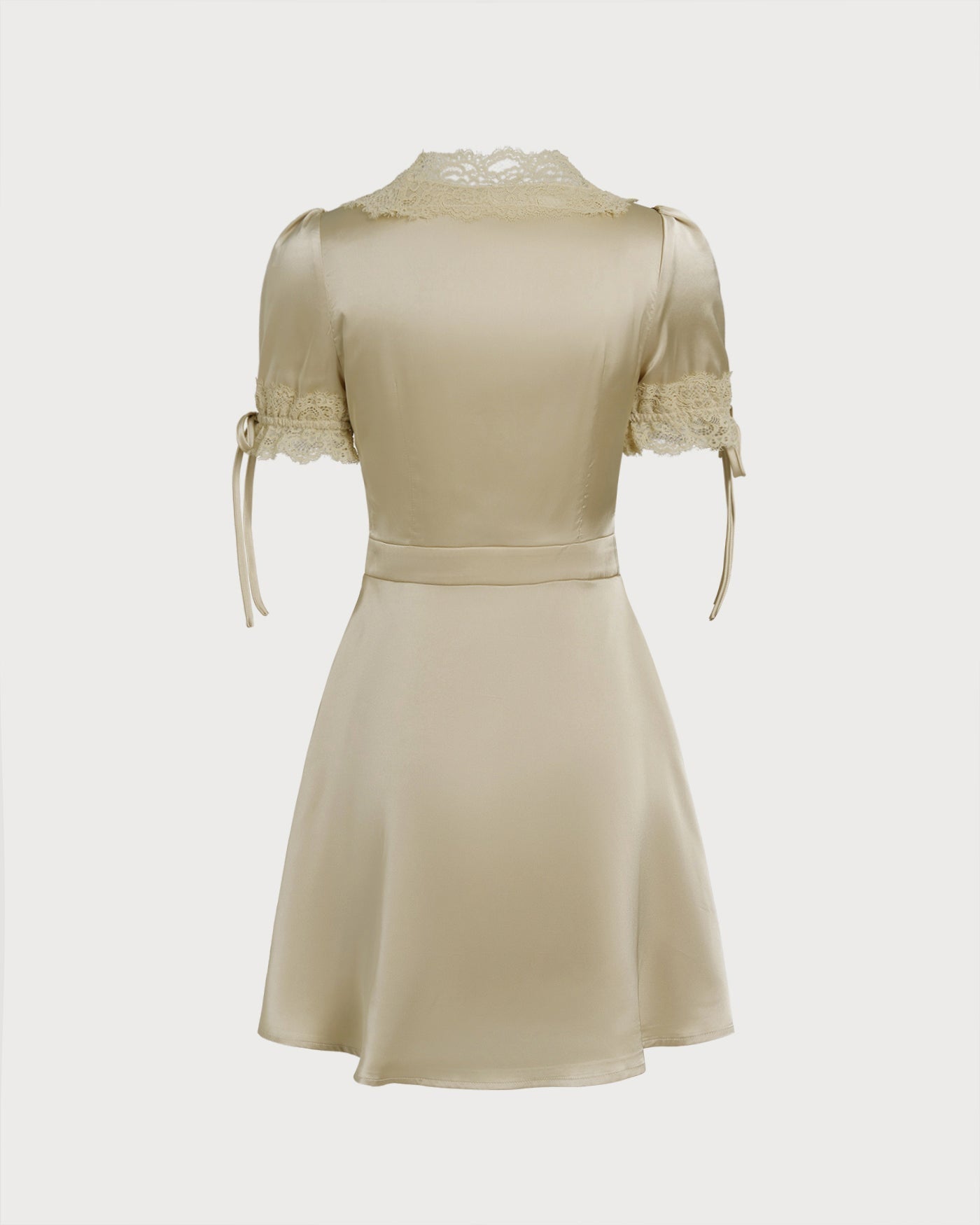 Serene V Neck Satin Look Mini Dress with Lace Trim in Apricot