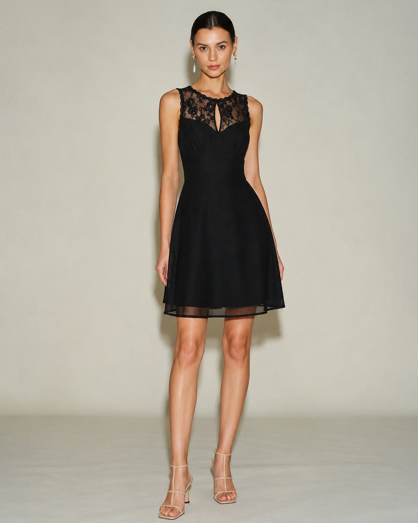 Sienna Boat Neck Sleeveless Lace Mini Dress in Black in Black