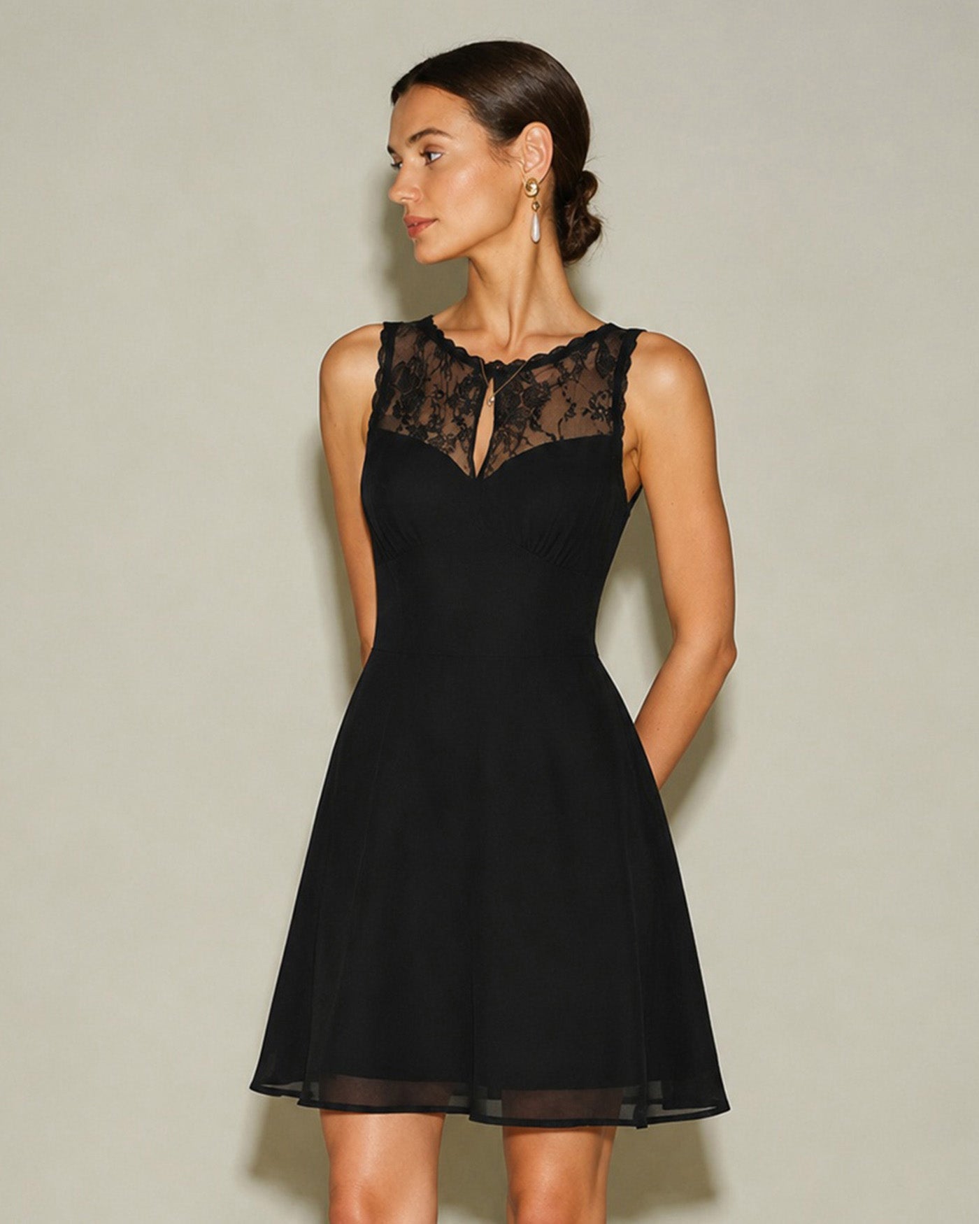 Sienna Boat Neck Sleeveless Lace Mini Dress in Black in Black