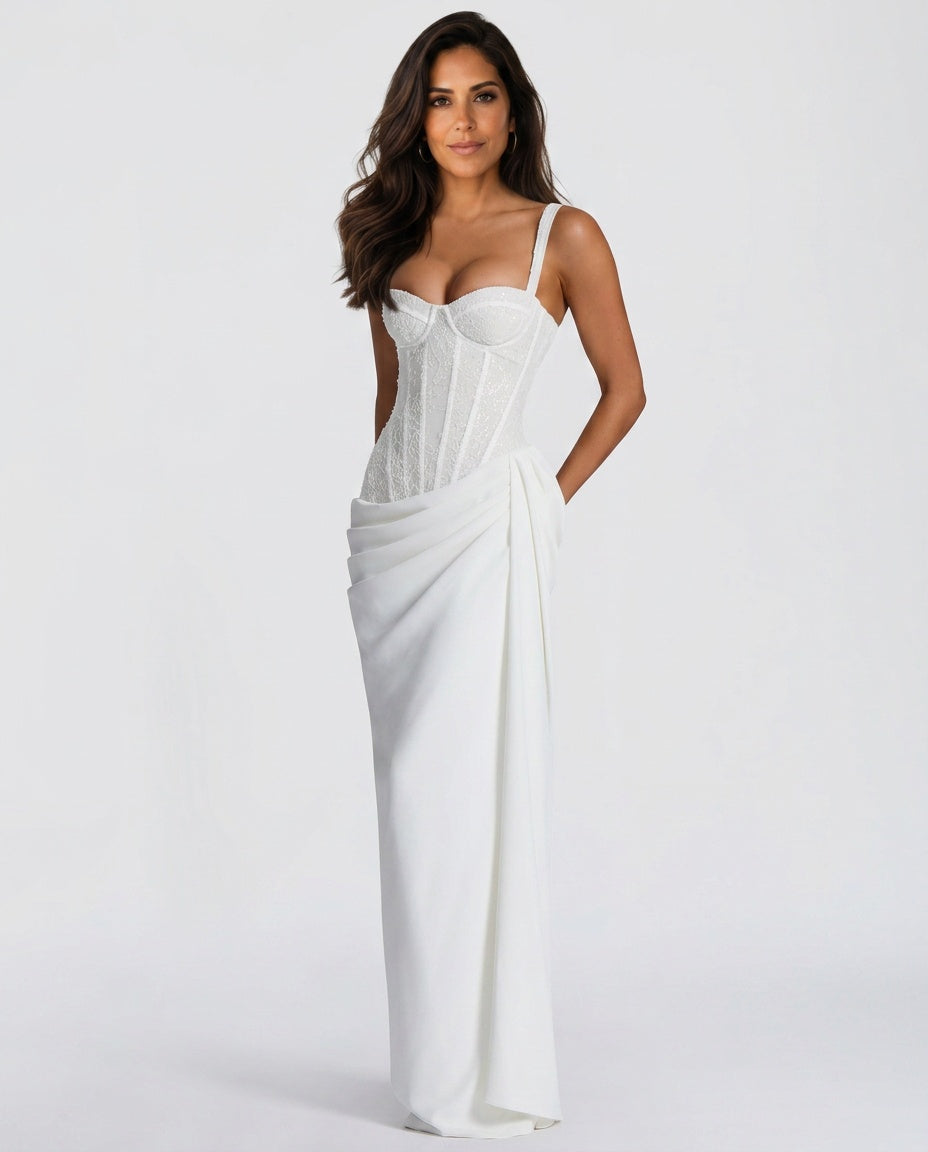 Sienna Lace Panel and Sequin Spliced Maxi Dress in White in White
