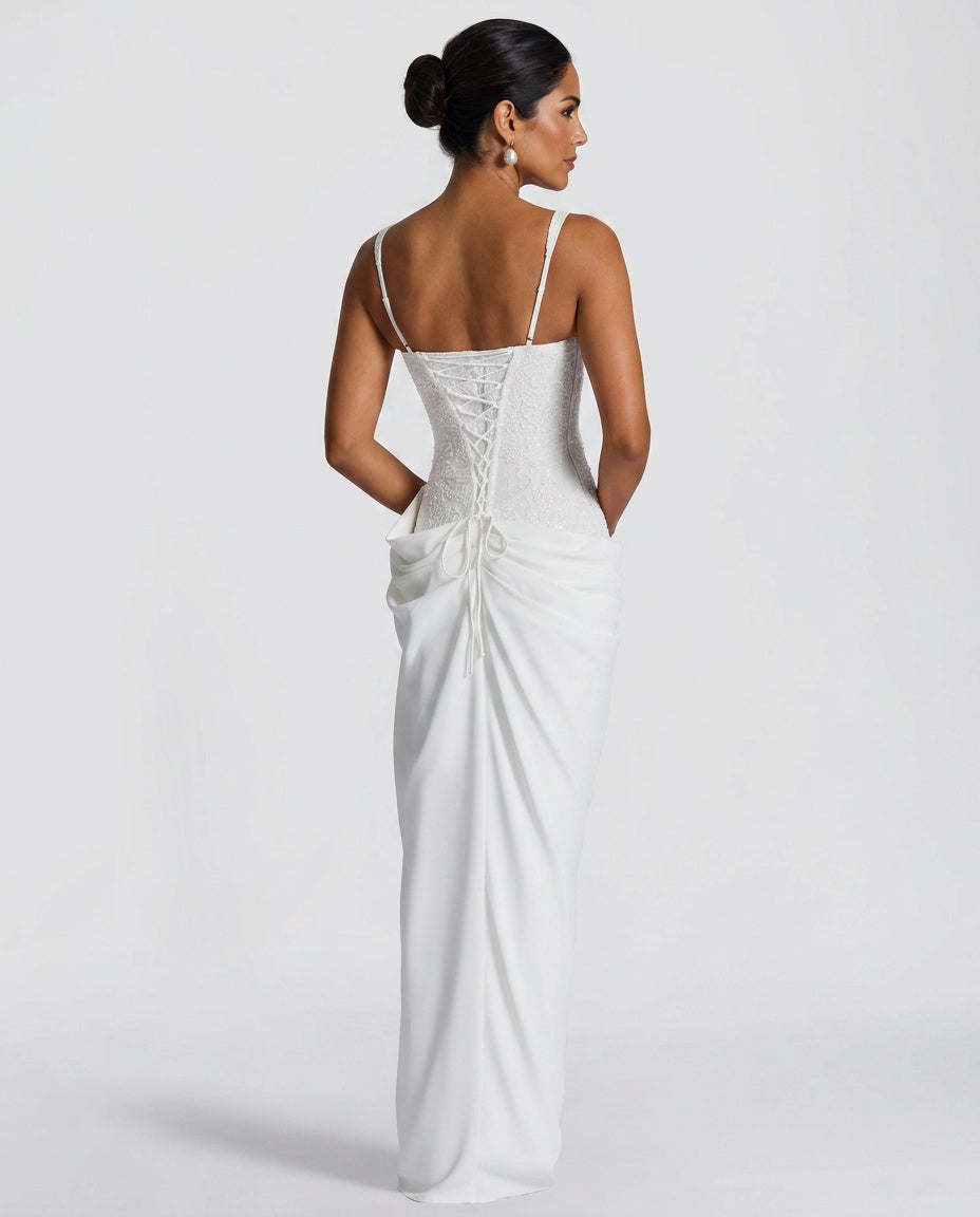 Sienna Lace Panel and Sequin Spliced Maxi Dress in White in White