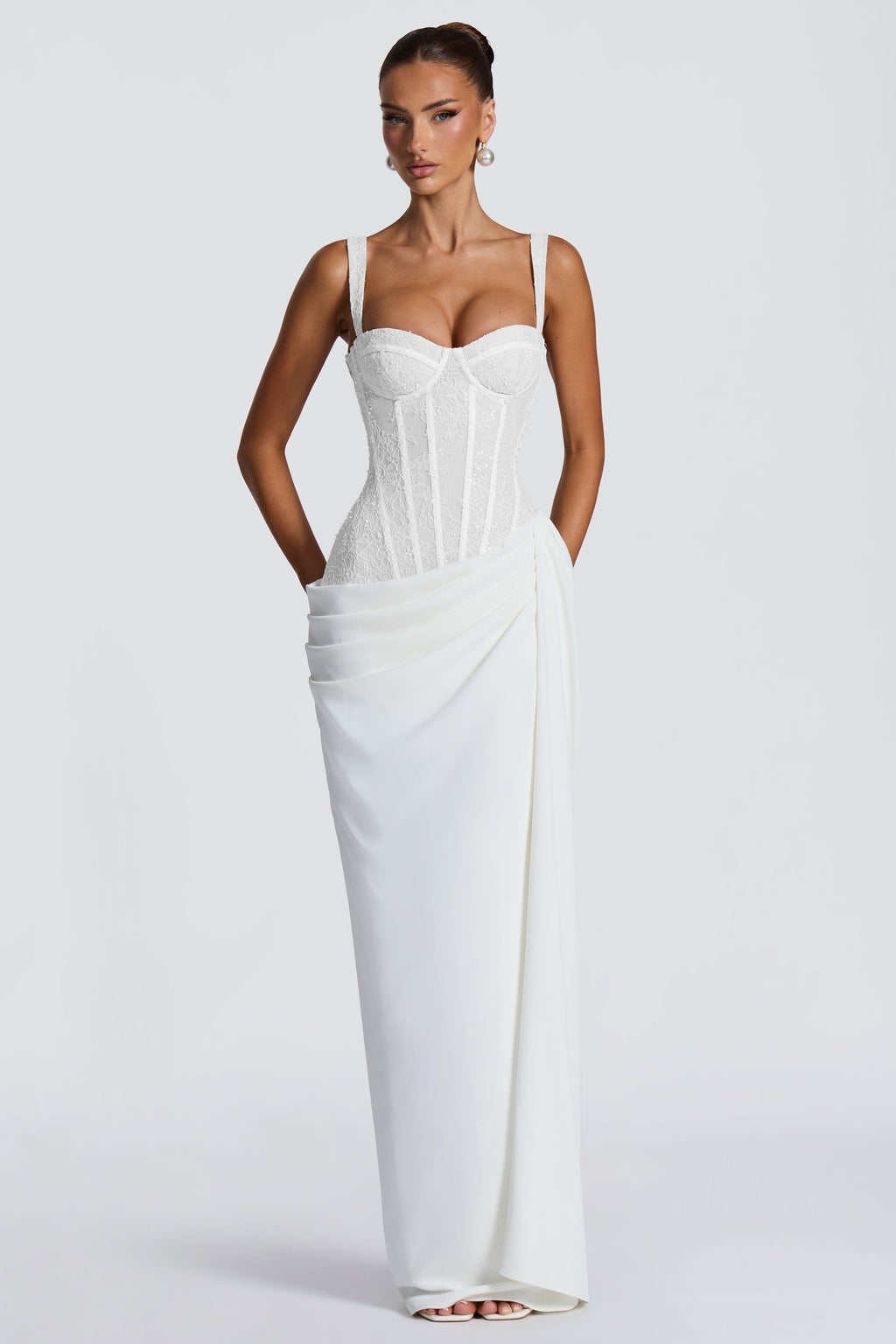 Sienna Lace Panel and Sequin Spliced Maxi Dress in White in White