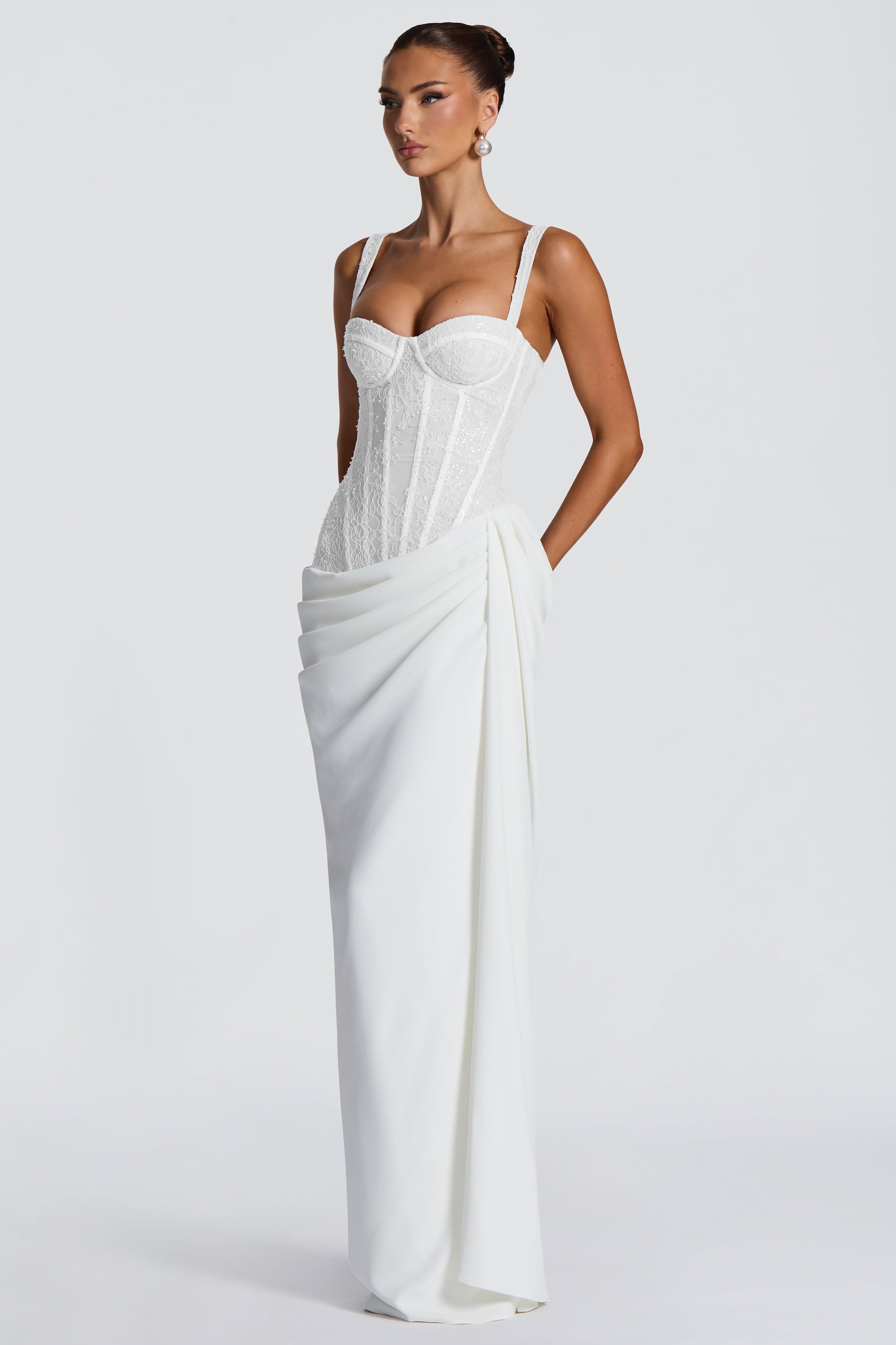 Sienna Lace Panel and Sequin Spliced Maxi Dress in White in White