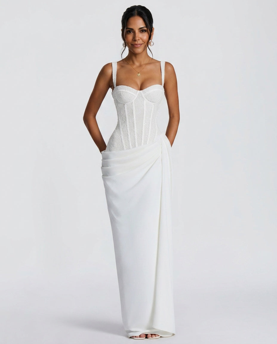 Sienna Lace Panel and Sequin Spliced Maxi Dress in White in White