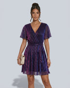 Sienna V Neck Short Sleeve Sequin Mini Dress in Purple in Purple