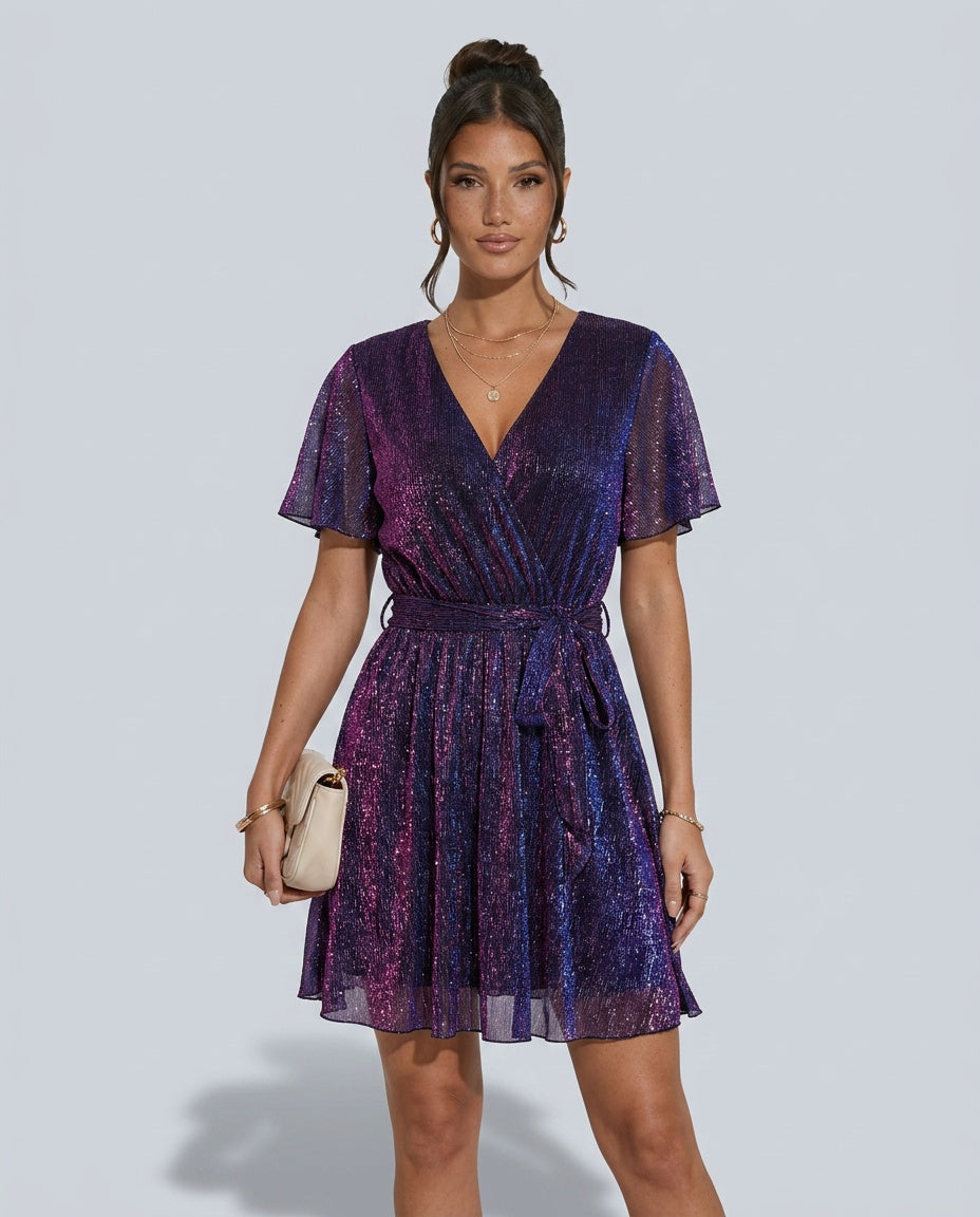 Sienna V Neck Short Sleeve Sequin Mini Dress in Purple in Purple