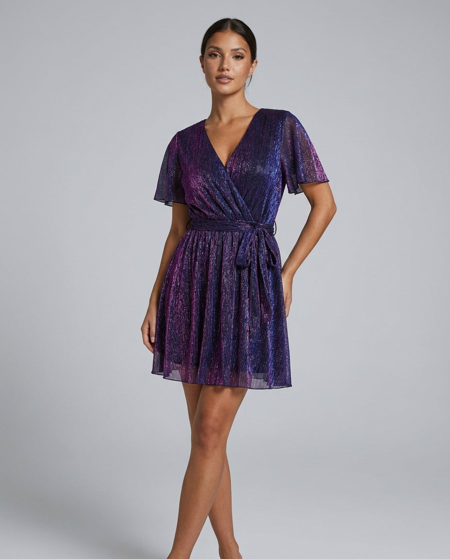 Sienna V Neck Short Sleeve Sequin Mini Dress in Purple in Purple