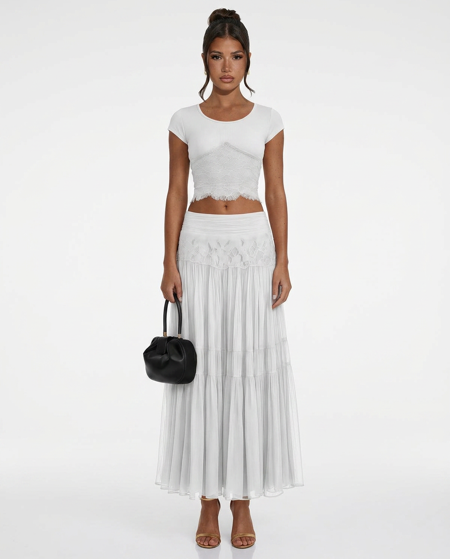 Sloane Knit Top and Lace Panel Midi Skirt Set in White in White