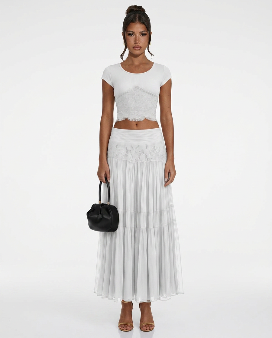 Sloane Lace Trim Crop Top and Tiered Skirt Set in White