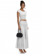 Sloane Knit Top and Lace Panel Midi Skirt Set in White in White