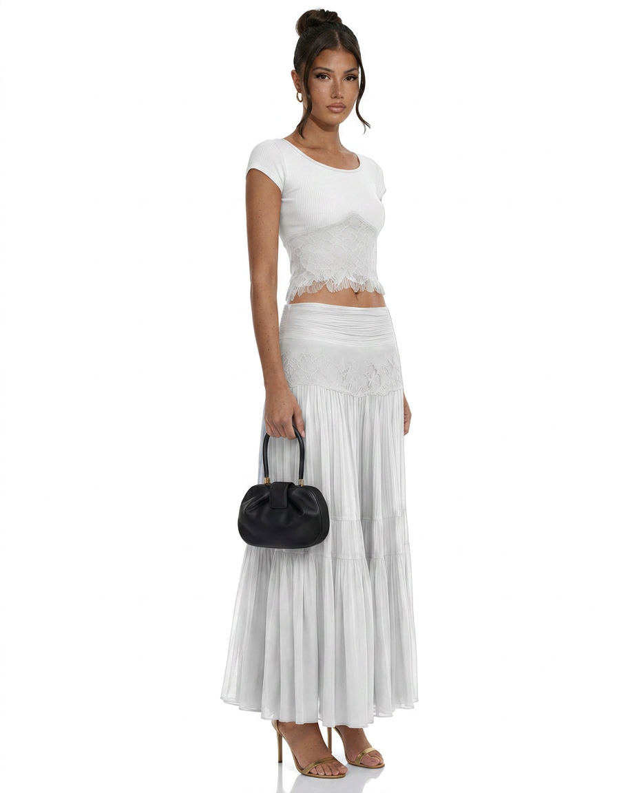 Sloane Knit Top and Lace Panel Midi Skirt Set in White in White
