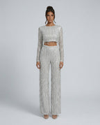 Talia Sequin Crop Top and Wide Leg Trouser Two Piece Set in Silver
