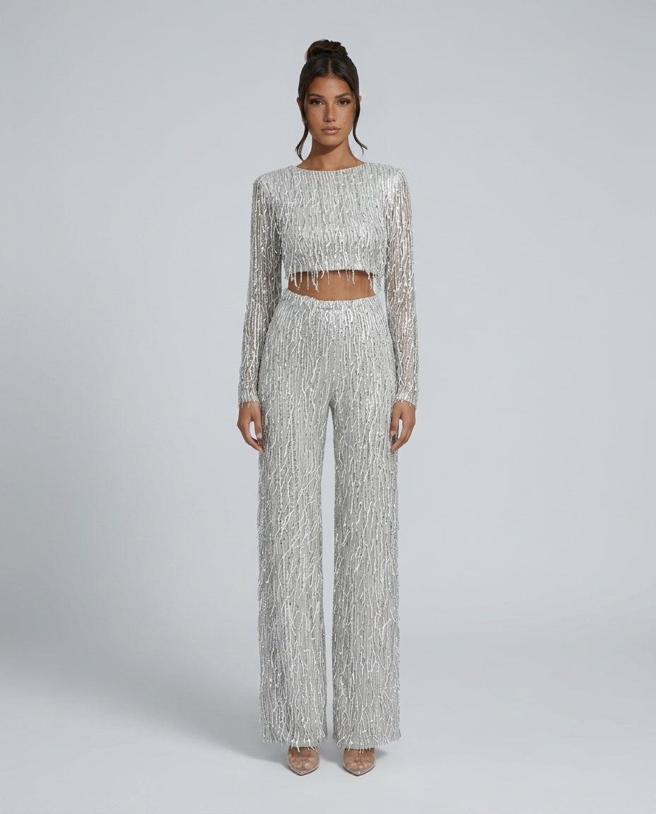 Talia Sequin Crop Top and Wide Leg Trouser Two Piece Set in Silver