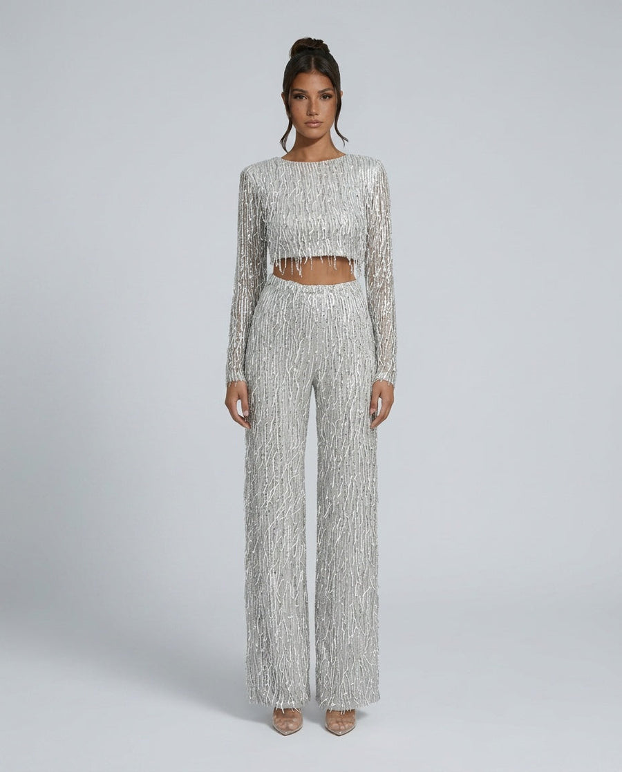 Talia Sequin Fringe Long Sleeve Crop Top and Wide Leg Trouser Set in Silver