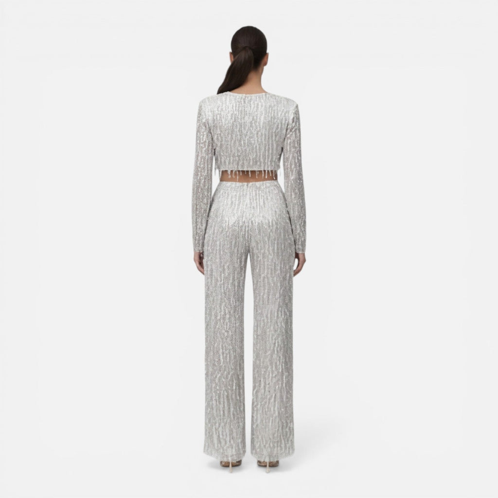 Talia Sequin Crop Top and Wide Leg Trouser Two Piece Set in Silver