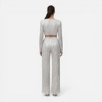 Talia Sequin Crop Top and Wide Leg Trouser Two Piece Set in Silver