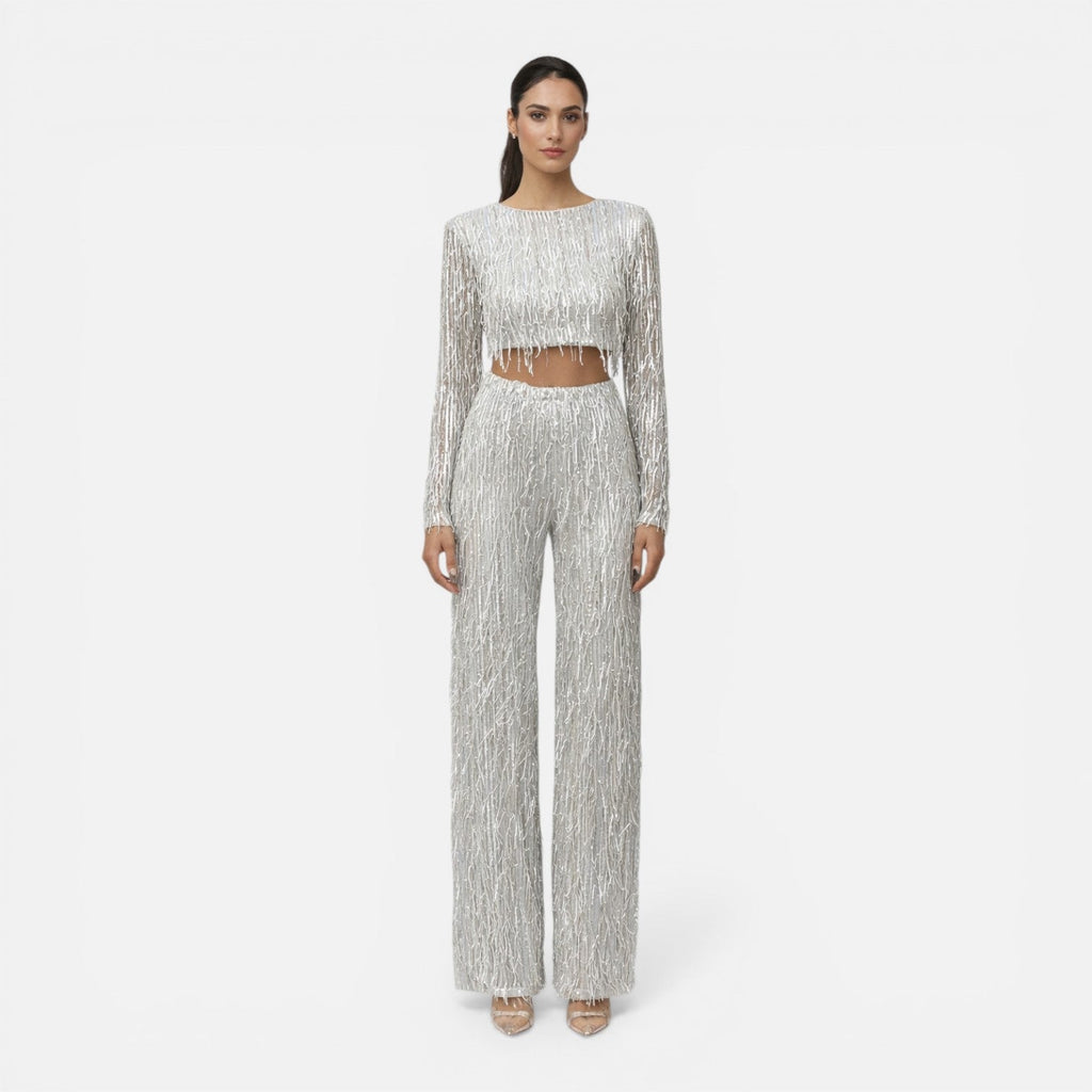 Talia Sequin Crop Top and Wide Leg Trouser Two Piece Set in Silver