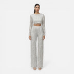 Talia Sequin Crop Top and Wide Leg Trouser Two Piece Set in Silver
