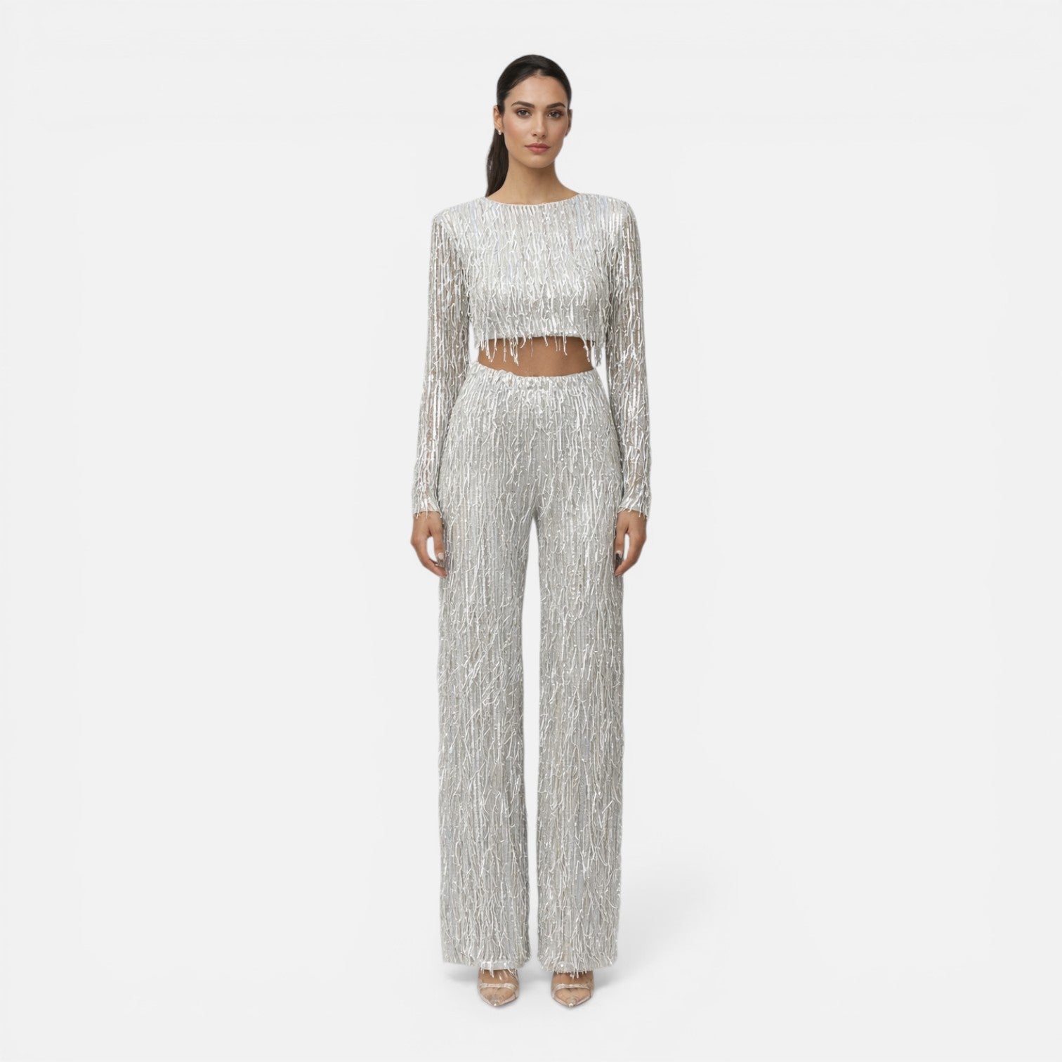 Talia Sequin Crop Top and Wide Leg Trouser Two Piece Set in Silver