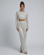 Talia Sequin Crop Top and Wide Leg Trouser Two Piece Set in Silver