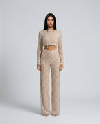 Talia Sequin Crop Top and Wide Leg Trouser Two Piece Set in Beige