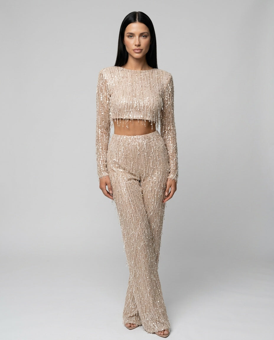 Talia Sequin Crop Top and Wide Leg Trouser Two Piece Set in Beige