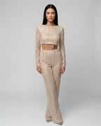 Talia Sequin Crop Top and Wide Leg Trouser Two Piece Set in Beige