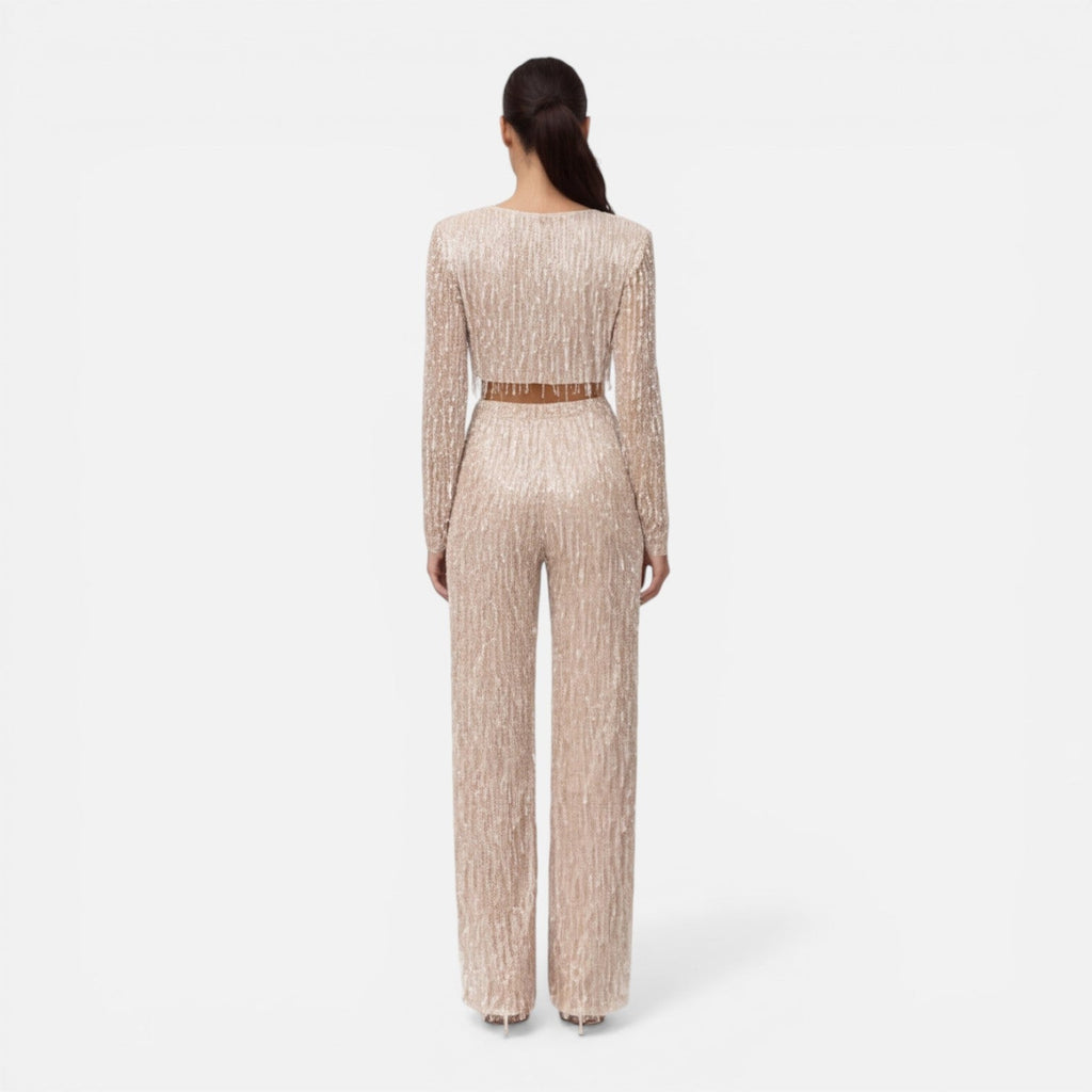 Talia Sequin Crop Top and Wide Leg Trouser Two Piece Set in Beige