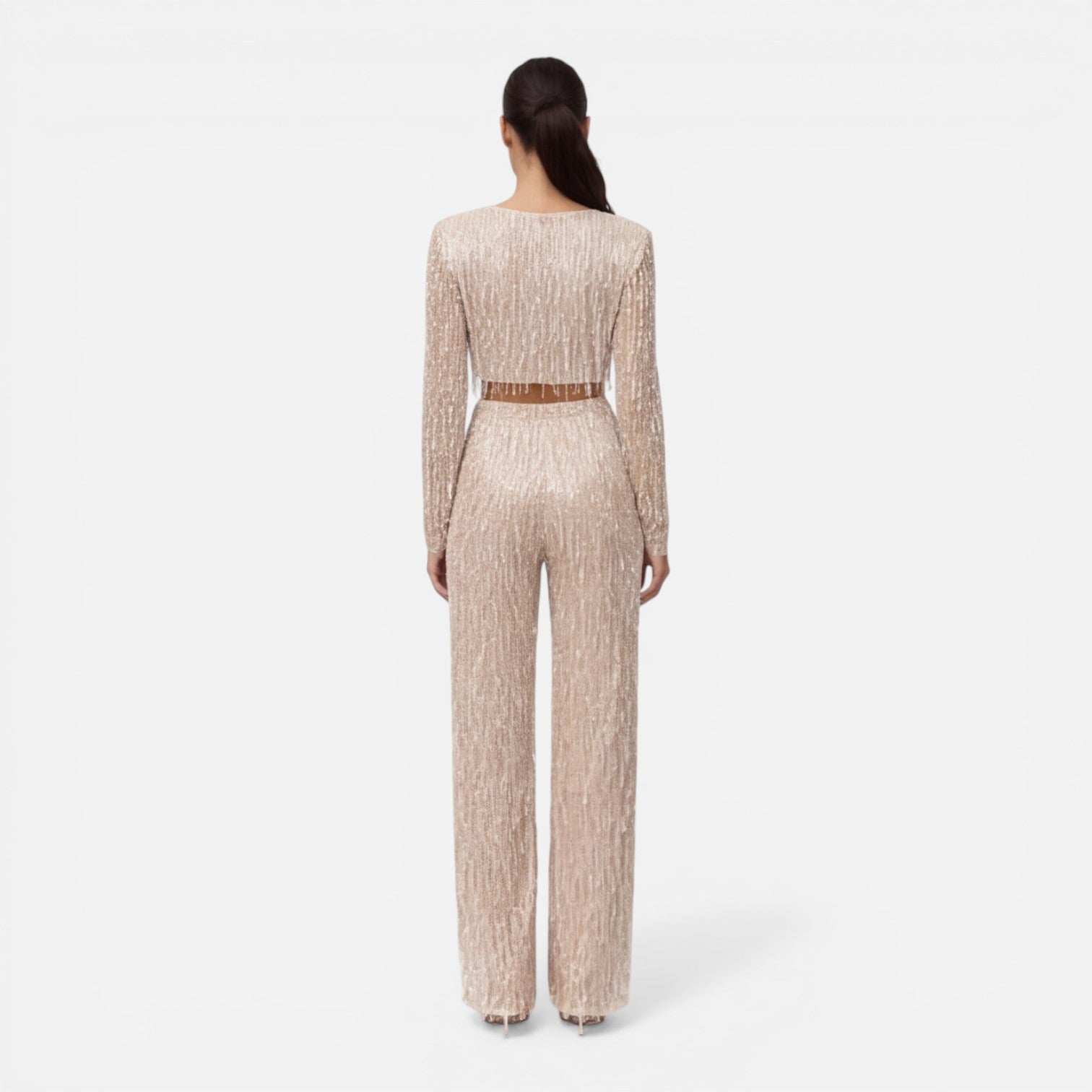 Talia Sequin Crop Top and Wide Leg Trouser Two Piece Set in Beige