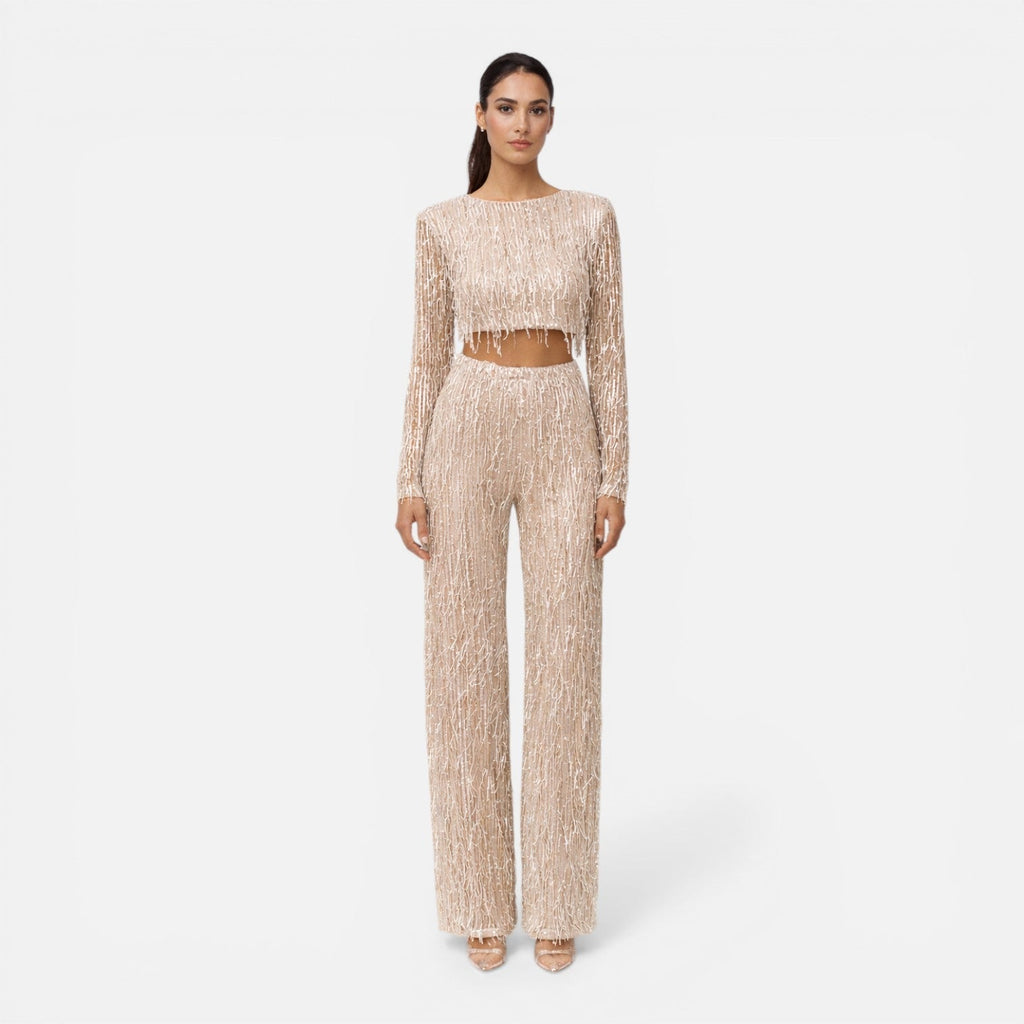 Talia Sequin Crop Top and Wide Leg Trouser Two Piece Set in Beige