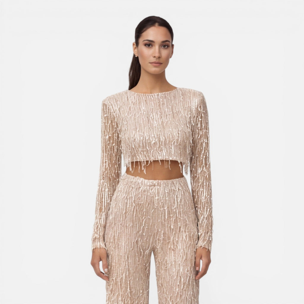 Talia Sequin Crop Top and Wide Leg Trouser Two Piece Set in Beige