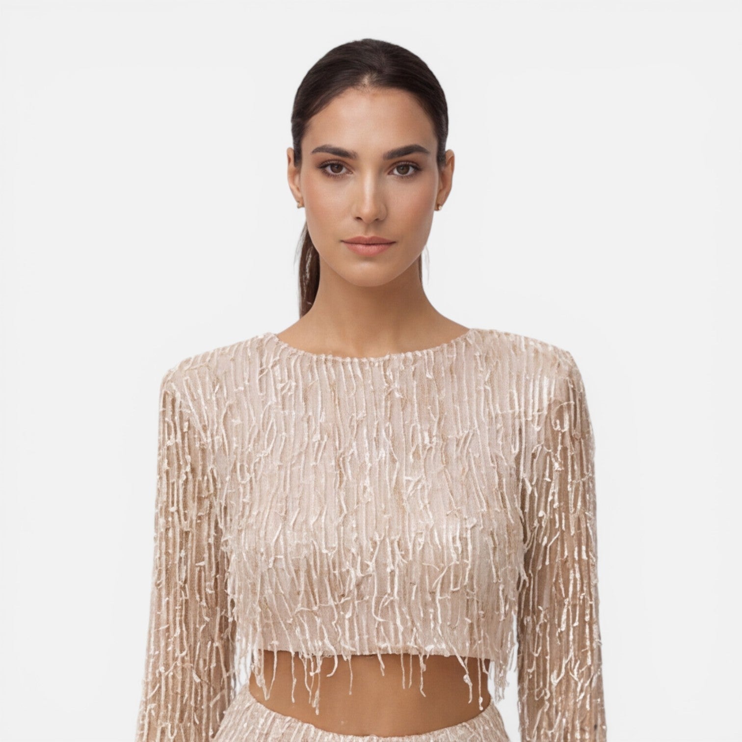 Talia Sequin Crop Top and Wide Leg Trouser Two Piece Set in Beige