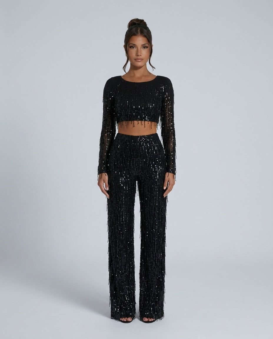 Talia Sequin Crop Top and Wide Leg Trouser Two Piece Set in Black