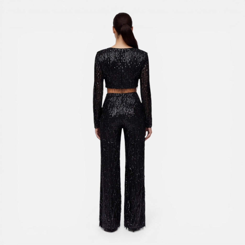 Talia Sequin Crop Top and Wide Leg Trouser Two Piece Set in Black