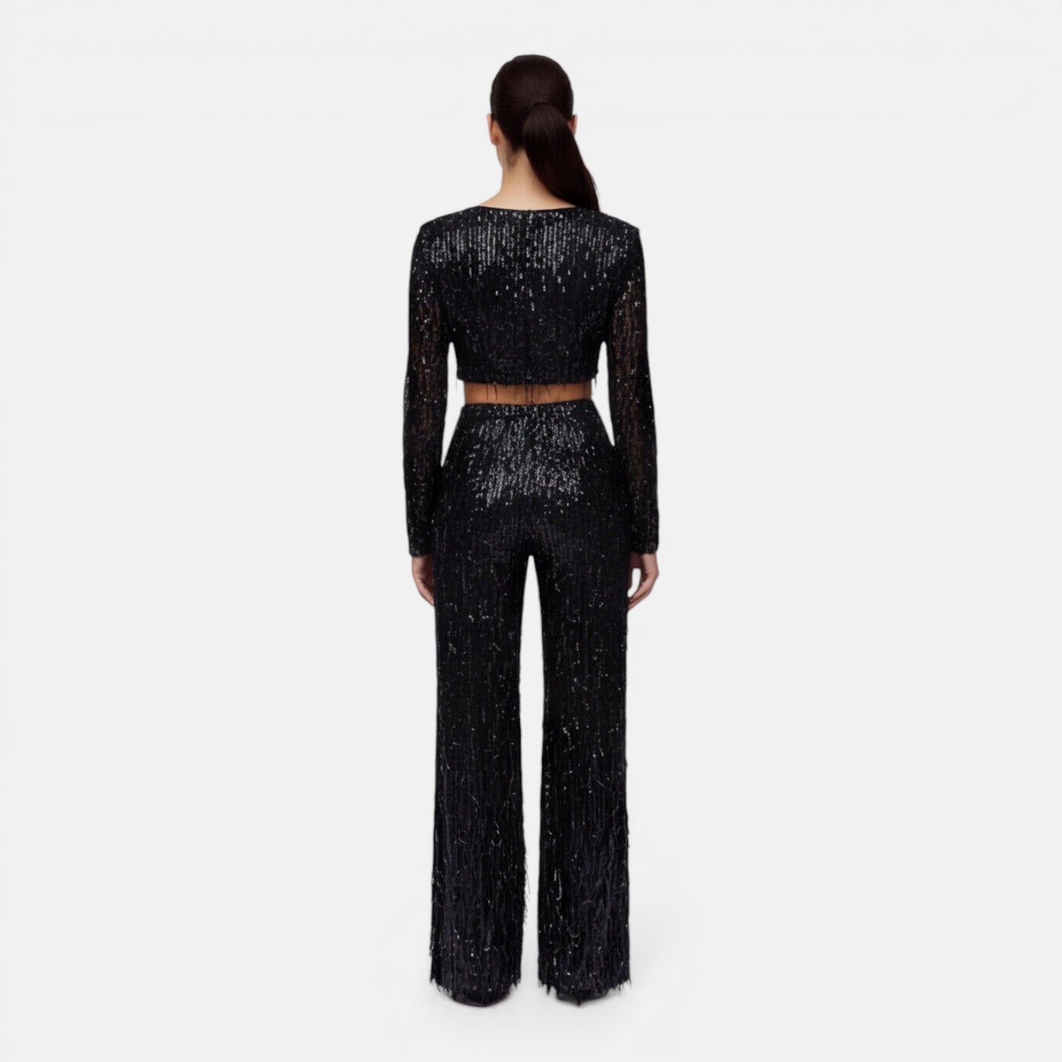 Talia Sequin Crop Top and Wide Leg Trouser Two Piece Set in Black